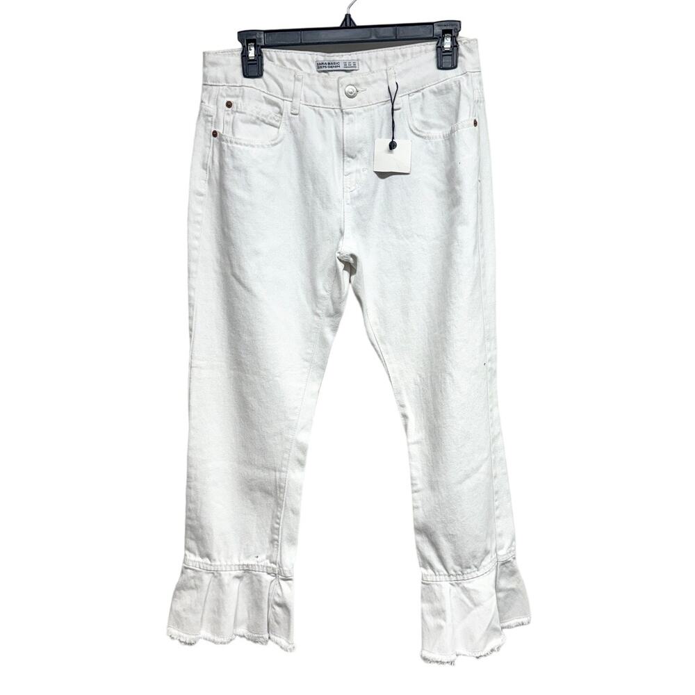 Zara Basics Jeans Kick Crop Ruffle Flounce White Denim‎ Frill Frayed Hems 4 NWT
